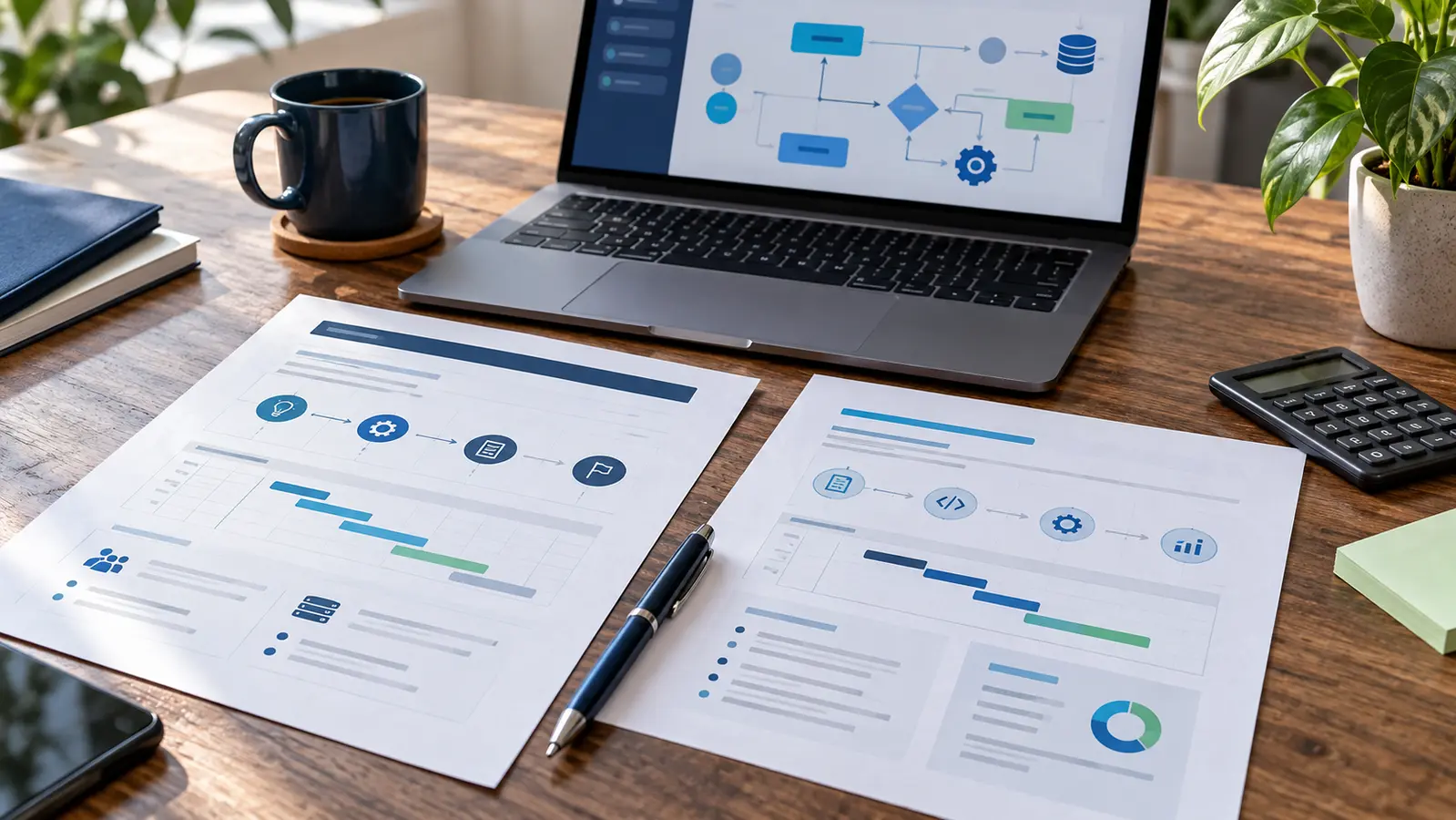 Documentos de propuestas, calculadora y laptop para planificar un proyecto de software