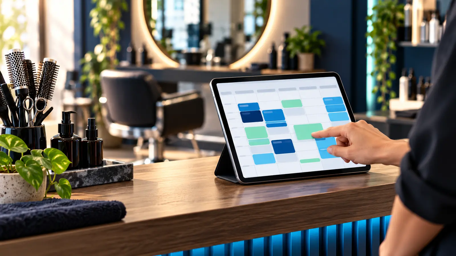 Agenda digital de turnos en una tablet dentro de una peluquería